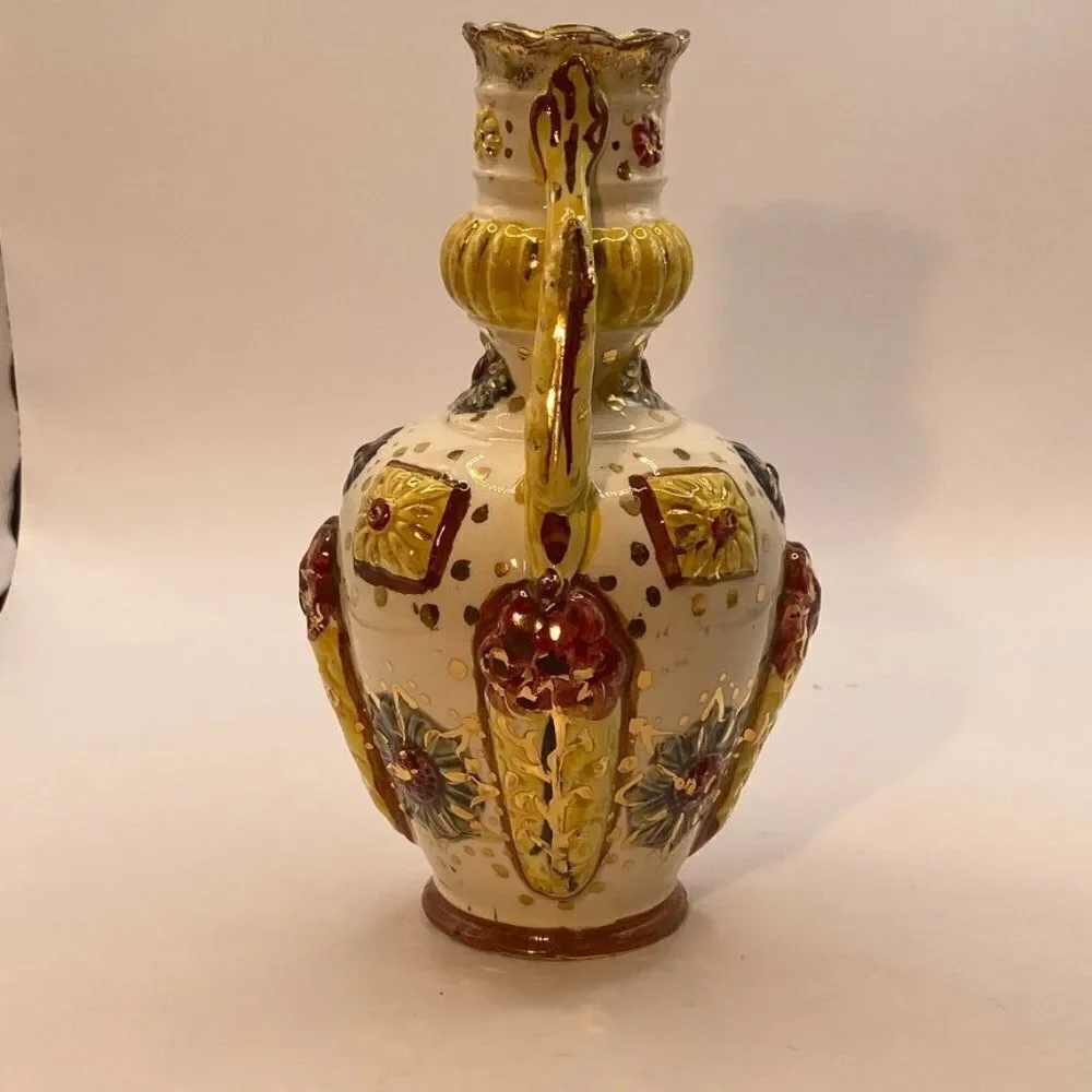 Pompeyi Bejeweled Signed Majolica Ceramic Vase Double Handle Gold Embossed
